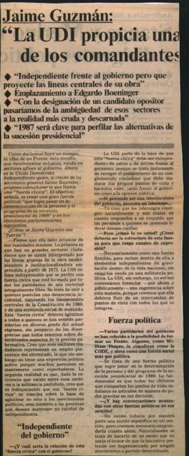 Entrevista a Jaime Guzmán "La UDI propicia una fuerza cívica capaz de gravitar en decisión d...