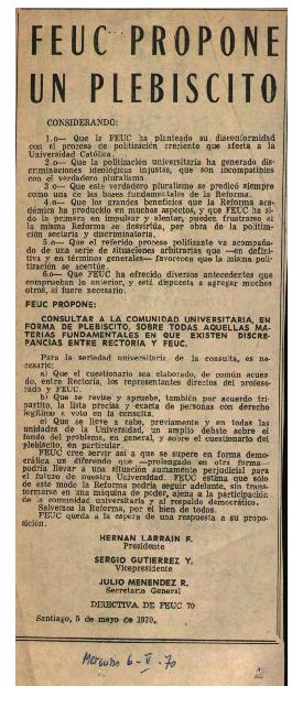 Prensa en El Mercurio. FEUC propone un plebiscito