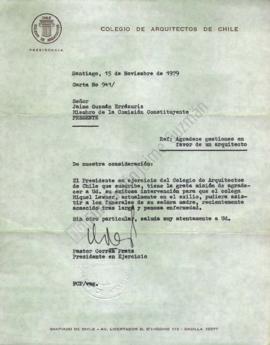 Carta de agradecimiento a Jaime Guzmán por gestiones a favor de arquitecto