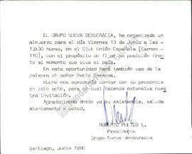 Tarjeta de invitación a Jaime Guzmán a almuerzo en el Club Unión Española organizado por el grupo...