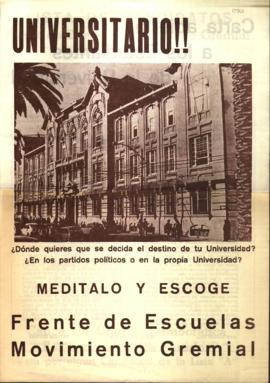 Folleto de propaganda del Frente de Escuelas del Movimiento Gremial de la Universidad Católica de...