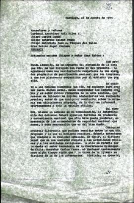 CARTA A CARDENAL RAUL SILVA HENRIQUEZ, OBISPO CARLOS CAMUS, OBISPO LUTERANO HELMUT FRENZ, OBISPO ...