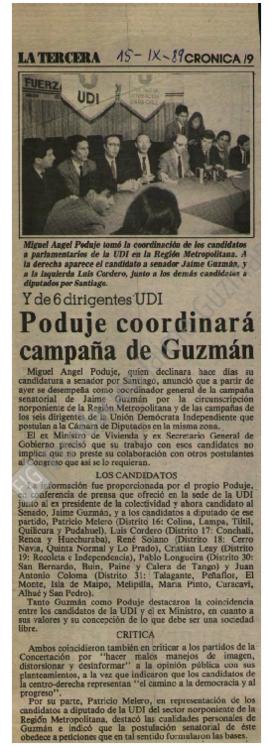 Prensa en La Tercera. Poduje coordinará campaña de Guzmán