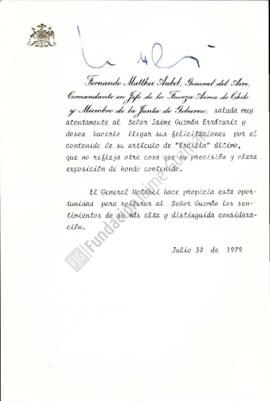 Tarjeta de felicitaciones a Jaime Guzmán por artículo publicado en revista Ercilla