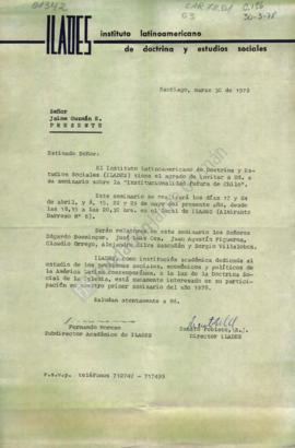 Carta de invitación a Jaime Guzmán a seminario sobre "Institucionalidad futura de Chile"