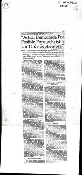 Prensa en El Mercurio. Jaime Guzmán en masivo acto: "Actual democracia fue posible porque ex...