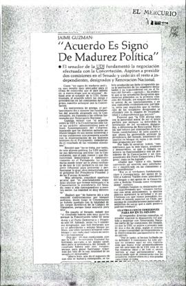 Prensa en El Mercurio. Jaime Guzmán: "Acuerdo es signo de madurez política"
