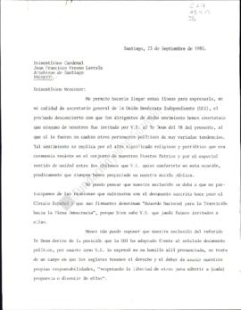 Carta a cardenal Fresno por exclusión de la UDI del Te Deum