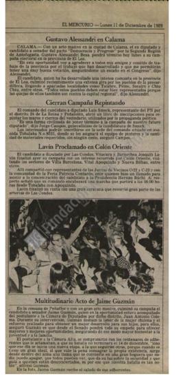 Prensa en El Mercurio. Multitudinario acto de Jaime Guzmán