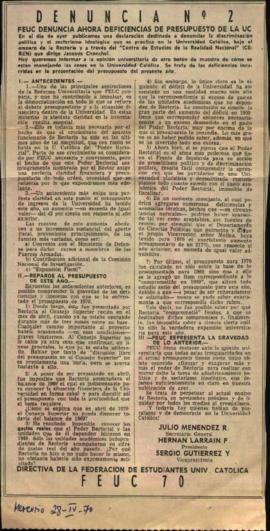 Prensa en El Mercurio. Denuncia N.° 2: FEUC denuncia ahora deficiencias de presupuesto de la UC