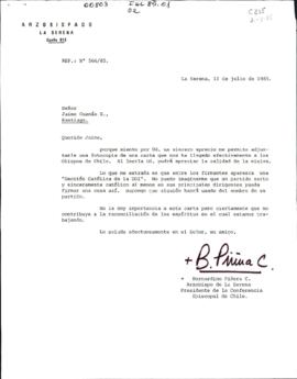 CORRESPONDENCIA DE JAIME GUZMAN CON BERNARDINO PINERA SOBRE CARTA APOCRIFA DE LA UDI A OBISPOS