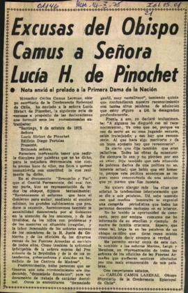 EXCUSAS DEL OBISPO CAMUS A SEÑORA LUCIA H. DE PINOCHET; RESPUESTA DE LUCIA HIRIART