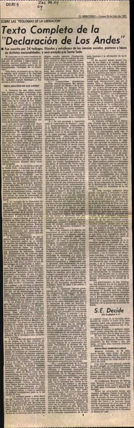 SOBRE LAS TEOLOGIAS DE LA LIBERACION: TEXTO COMPLETO DE LA "DECLARACION DE LOS ANDES"