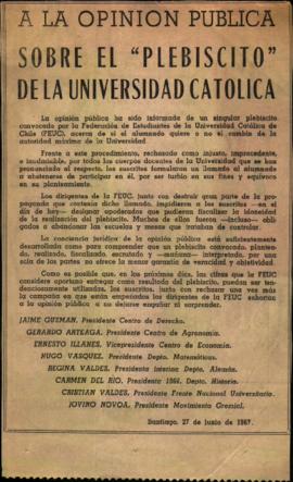 Prensa en El Mercurio. A la opinión pública: sobre el "plebiscito" de la Universidad Ca...