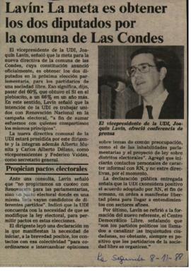 Prensa La Segunda. Lavín: La meta es obtener los dos diputados por la comuna de Las Condes