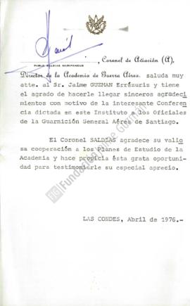 Carta de agradecimiento por conferencia dictada a oficiales de la Guarnición General Aérea de San...