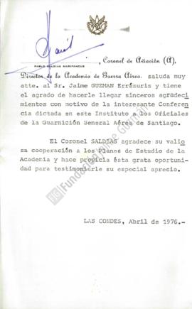 Carta de agradecimiento por conferencia dictada a oficiales de la Guarnición General Aérea de San...