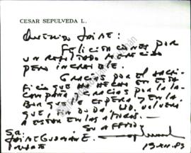 Tarjeta de visita a Jaime Guzmán con felicitaciones por triunfo electoral