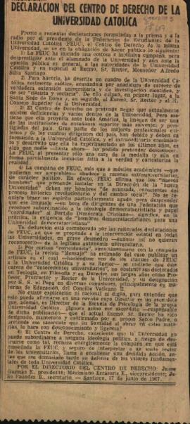 Prensa en El Mercurio. Declaración del Centro de Derecho de la Universidad Católica