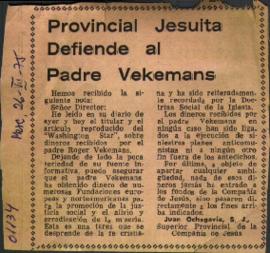 PROVINCIAL JESUITA DEFIENDE AL PADRE VEKEMANS
