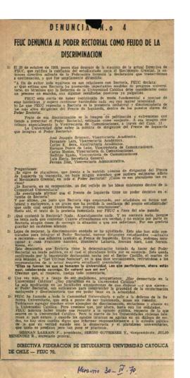 Prensa en El Mercurio. Denuncia N.° 4: FEUC denuncia al Poder Rectorial como feudo de la discrimi...