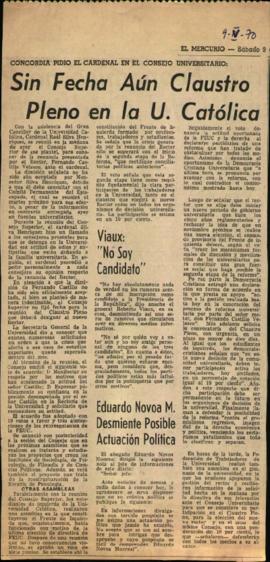 Prensa en El Mercurio. Concordia pidió el cardenal en el Consejo Universitario: sin fecha aun cla...