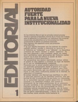 Editorial "Autoridad fuerte para la nueva institucionalidad", Realidad año 1, número 1,...