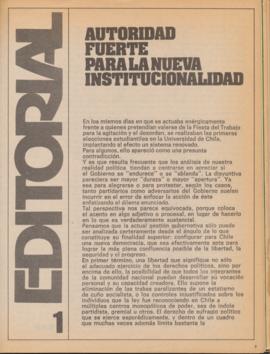 Editorial "Autoridad fuerte para la nueva institucionalidad", Realidad año 1, número 1,...