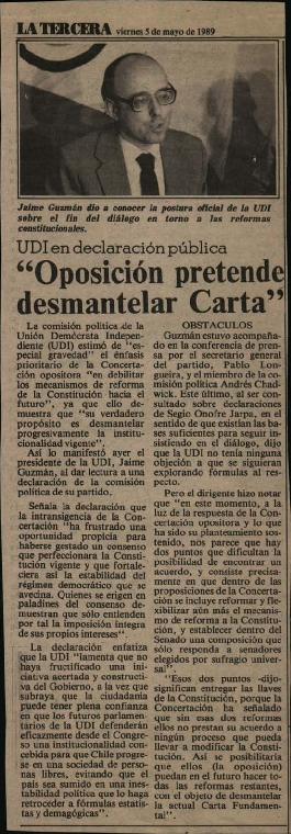 Prensa en La Tercera. UDI en declaración pública "Oposición pretende desmantelar Carta"