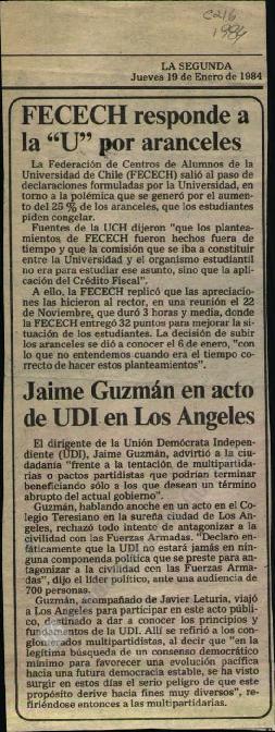 Prensa La Segunda. Jaime Guzmán en acto de UDI en Los Ángeles