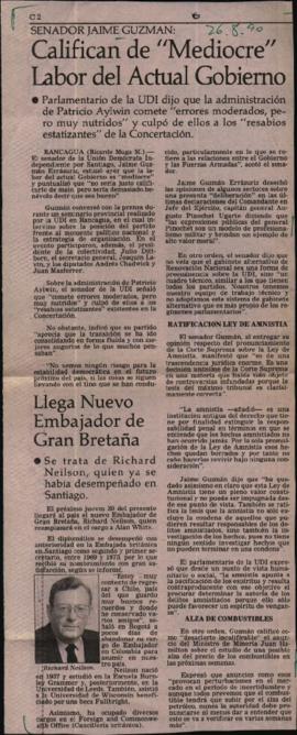 Prensa en El Mercurio. Senador Jaime Guzmán: califican de "mediocre" labor del actual g...