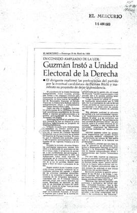 Prensa en El Mercurio. En Consejo Ampliado de la UDI: Guzmán instó a unidad electoral de la derecha