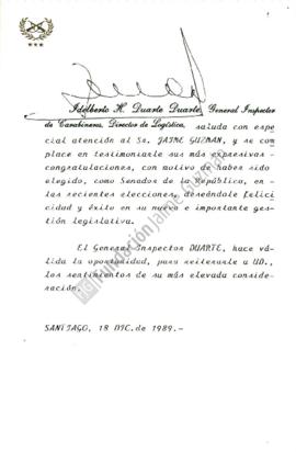 Tarjeta a Jaime Guzmán con felicitaciones por triunfo electoral