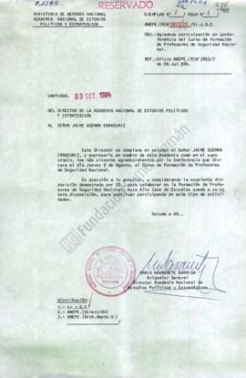 Carta con agradecimientos a Jaime Guzmán por charla dictada al Curso de Formación de Profesores d...