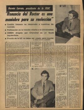 Prensa en La Segunda. Hernán Larraín, presidente de la FEUC: "Renuncia del rector es una man...