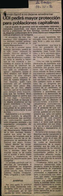 Prensa La Tercera. UDI Pedirá Mayor Protección para Poblaciones Capitalinas