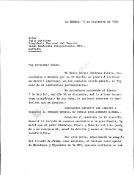 Carta a Julio Dittborn por declaración en prensa