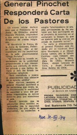 GENERAL PINOCHET RESPONDERA CARTA DE LOS PASTORES