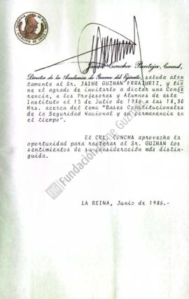 Invitación a Jaime Guzmán a dictar conferencia "Bases constitucionales de la Seguridad Nacio...