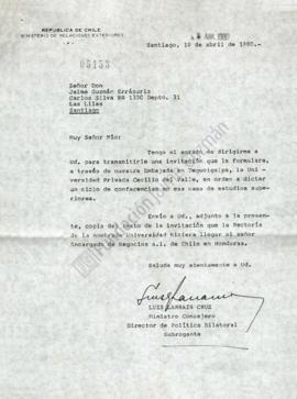 Carta de invitación a Jaime Guzmán a Universidad Privada Cecilio del Valle en Honduras