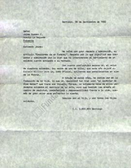 Carta de demostración de admiración a Jaime Guzmán por artículo "Emociones en un funeral"