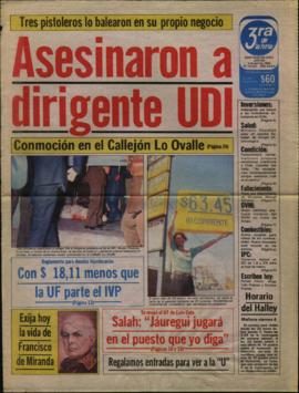 Prensa La Tercera. Portada Asesinaron a Dirigente UDI