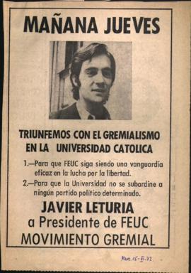 Prensa en El Mercurio. Anuncio. Mañana jueves triunfemos con el gremialismo en la Universidad Cat...