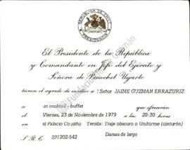 Tarjeta de invitación a Jaime Guzmán a cocktail buffet en Palacio Cousiño