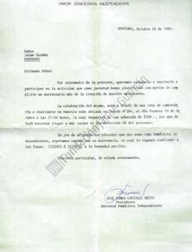 Carta de invitación a Jaime Guzmán a cena de camaradería de la juventud del movimiento Unión Demó...