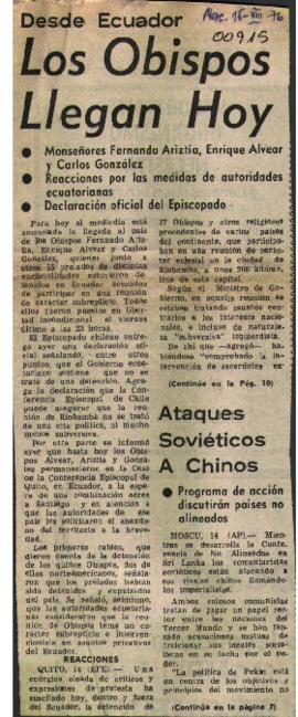 DESDE ECUADOR: LOS OBISPOS LLEGAN HOY