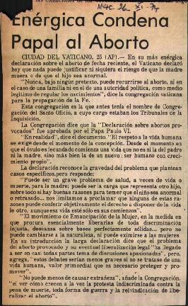 Prensa en El Mercurio. Enérgica condena papal al aborto