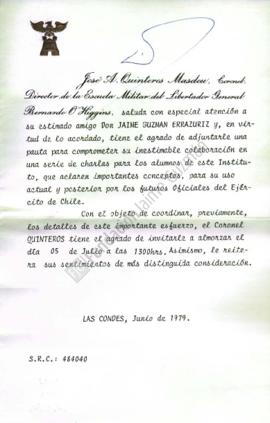Tarjeta a Jaime Guzmán con solicitud de compromiso con charlas en la Escuela Militar