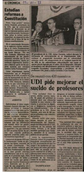 Prensa La Tercera. UDI pide mejorar el sueldo de profesores. Se Reunió con 400 Maestros
