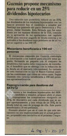 Prensa en La Segunda. Guzmán propone mecanismos para reducir en un 25 por ciento dividendos hipot...